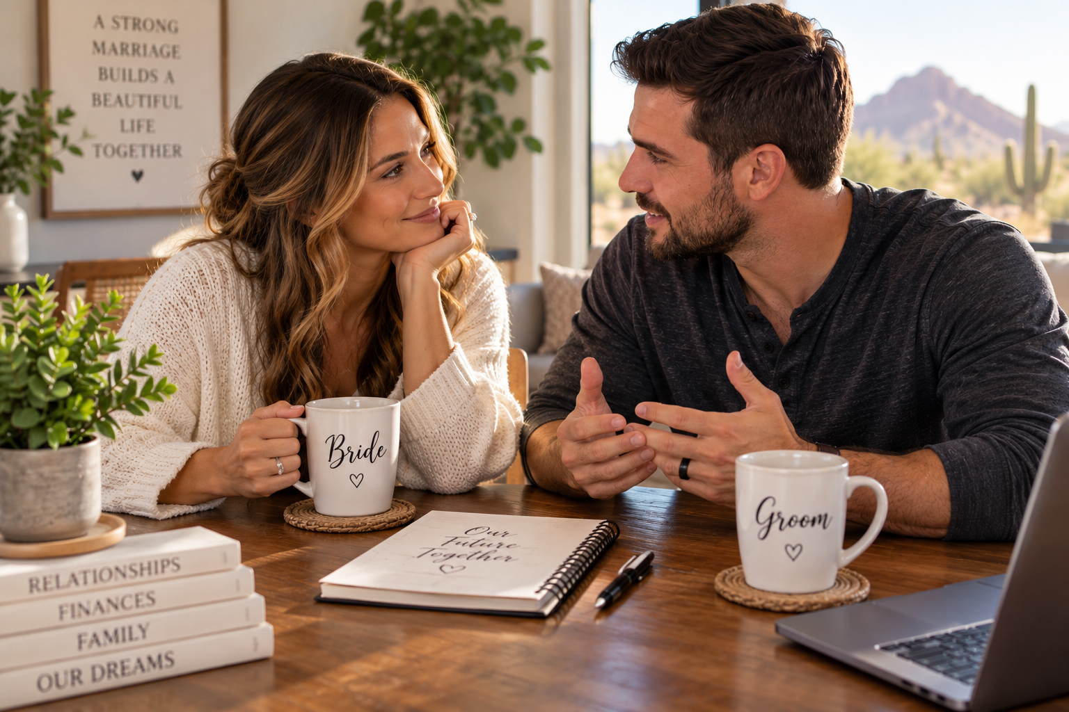 Engaged couple discussing important topics before marriage