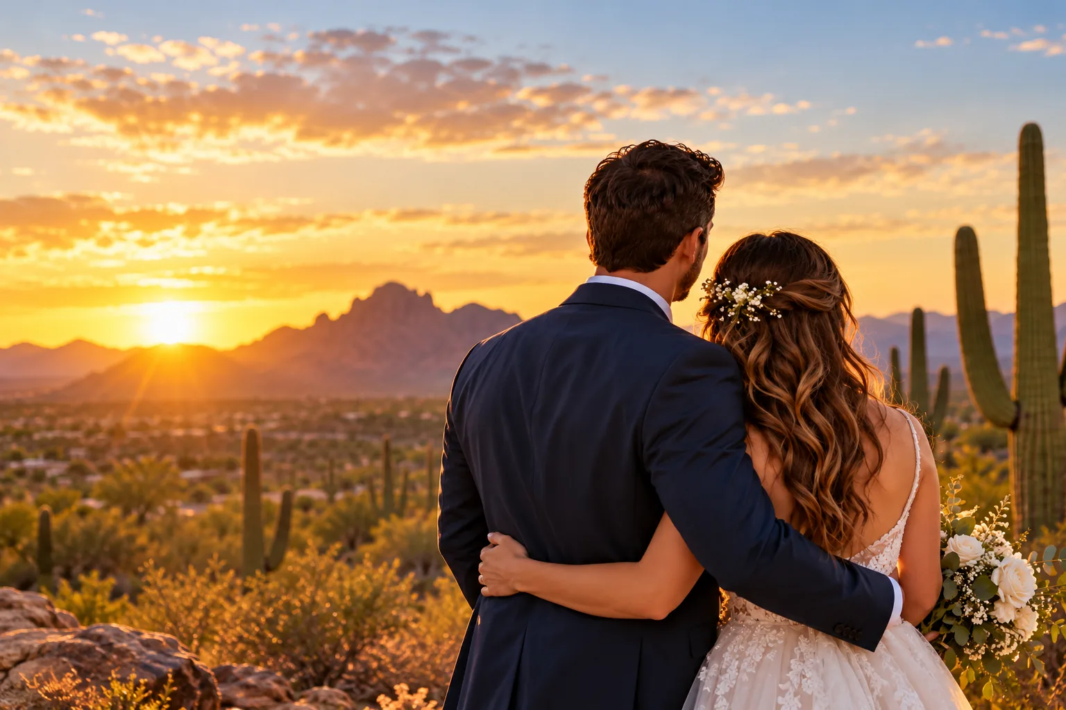 Bride and groom hug and watch the sunset over Camelback Mountain and saguaro cactus in Arizona